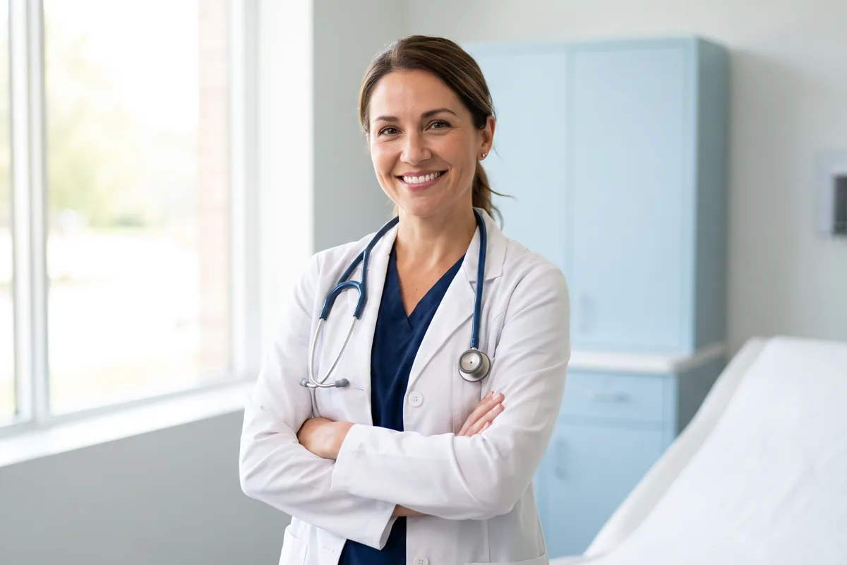 A doctor in a white coat with a stethoscope, standing in a consulting room beside the examination couch.