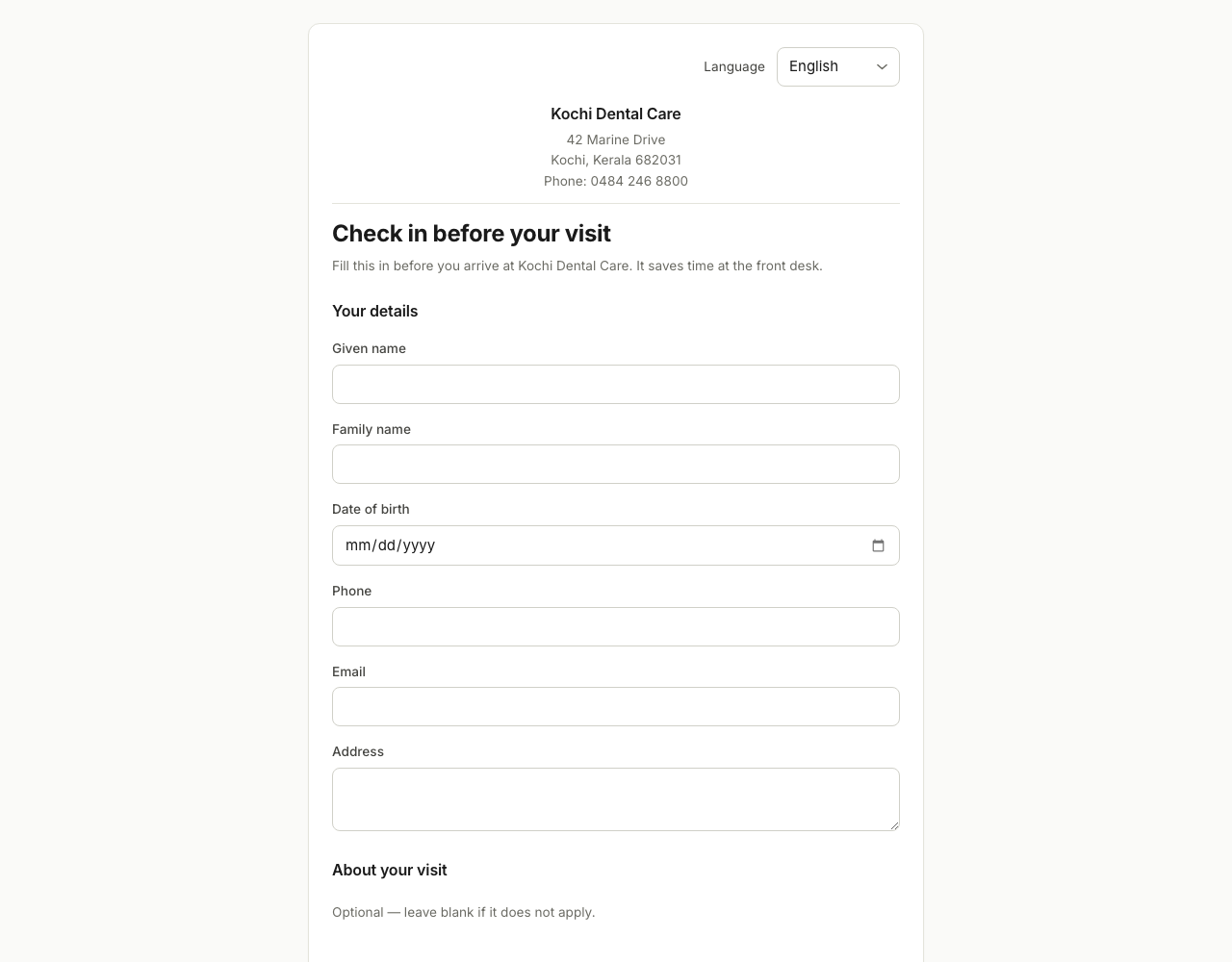 The check-in form a patient opens from a link or a QR code, headed with the clinic's own name, address and phone, asking for their details before they arrive.