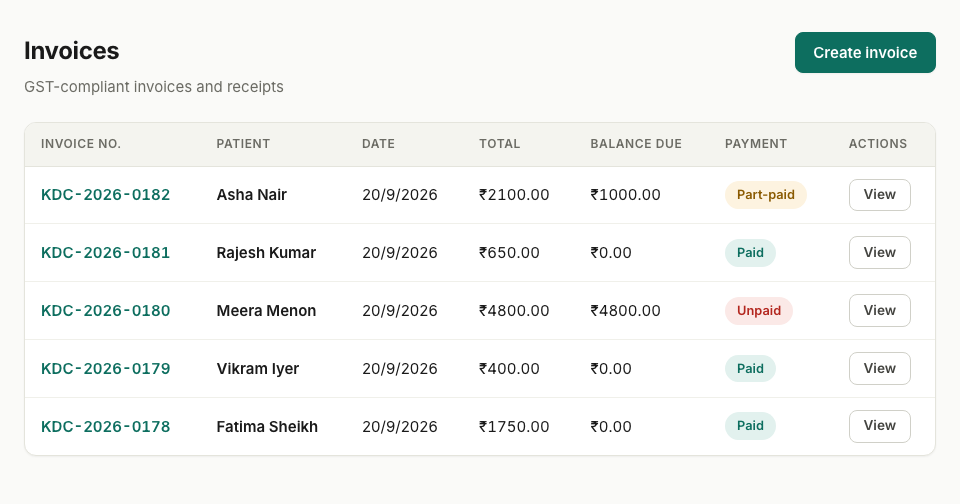 A list of GST invoices in Ygeia, numbered KDC-2026-0178 to 0182, each showing the patient, the total, the balance due and whether it is paid, part-paid or unpaid.